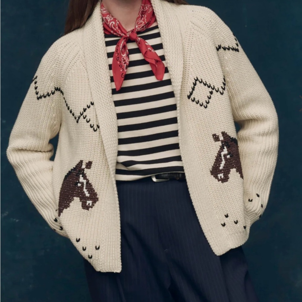 THE GREAT. Cream and Brown Horse Cardigan